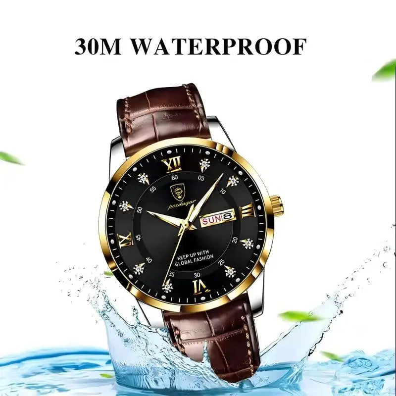 Men’s Stainless Steel Analog Watch - Luxury Waterproof Leather Quartz Timepiece