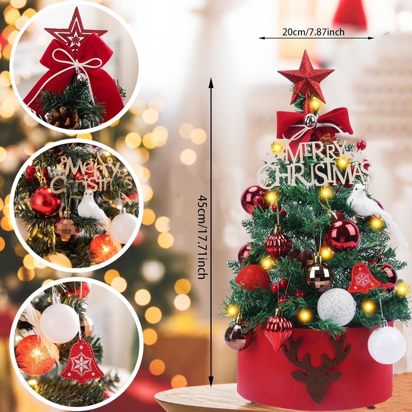 Mini Decorative Christmas Tree for Desktop with LED Lights, Safe Materials, Easy to Install and Disassemble