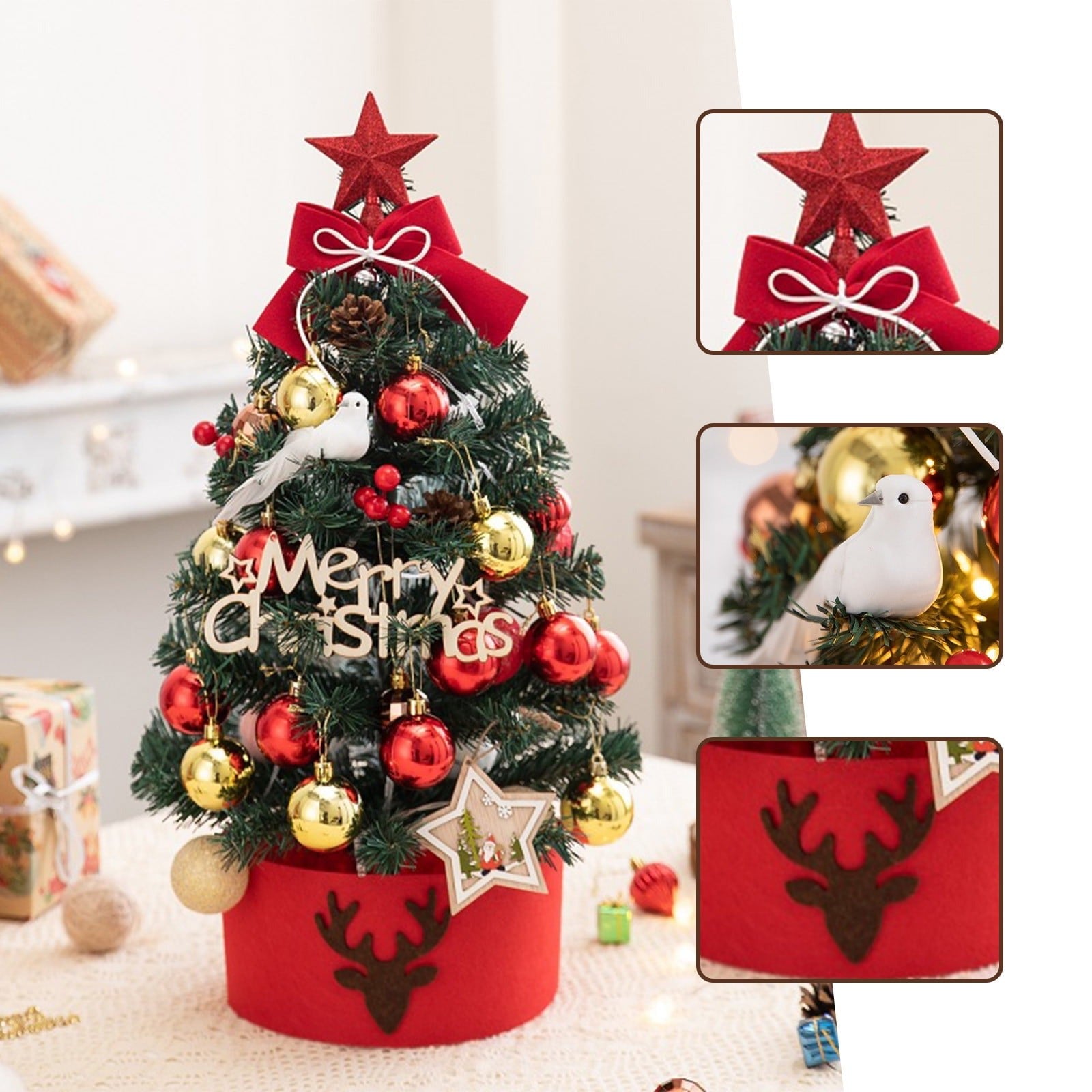 Mini Decorative Christmas Tree for Desktop with LED Lights, Safe Materials, Easy to Install and Disassemble