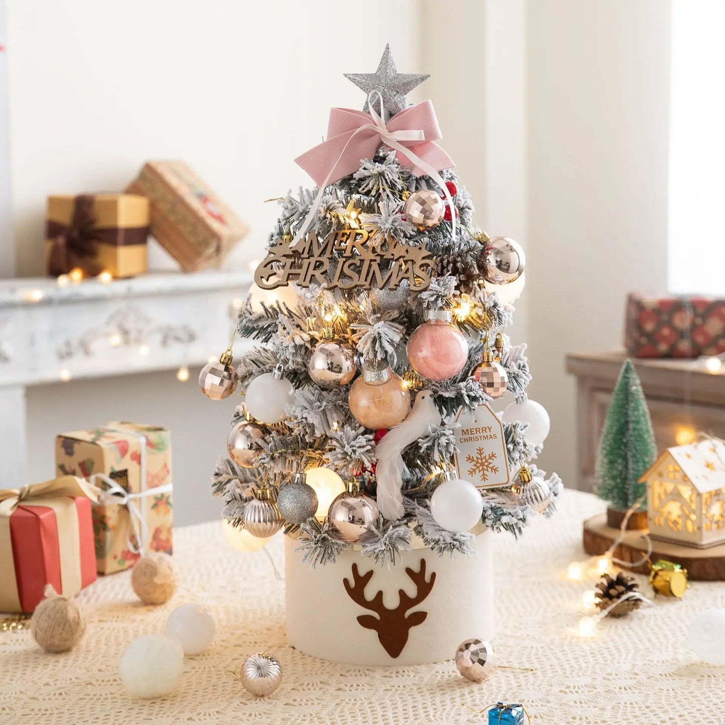 Mini Decorative Christmas Tree for Desktop with LED Lights, Safe Materials, Easy to Install and Disassemble