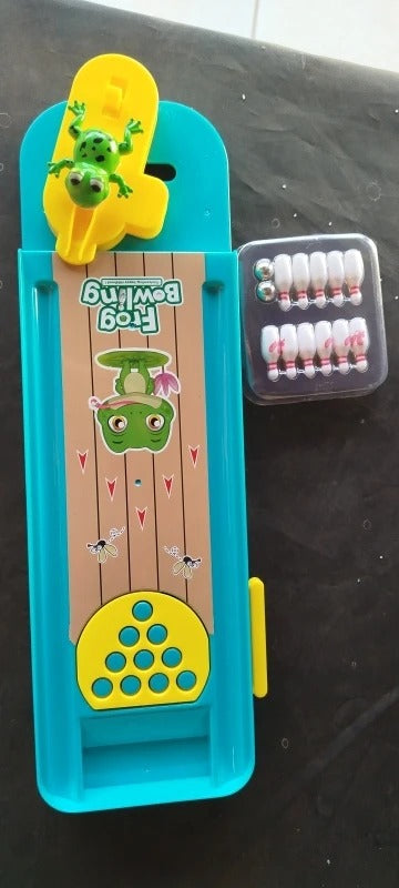 Mini Desktop Bowling with Cute frog launcher, Manual reset handle, Colorful design, Safe for Ages 6+