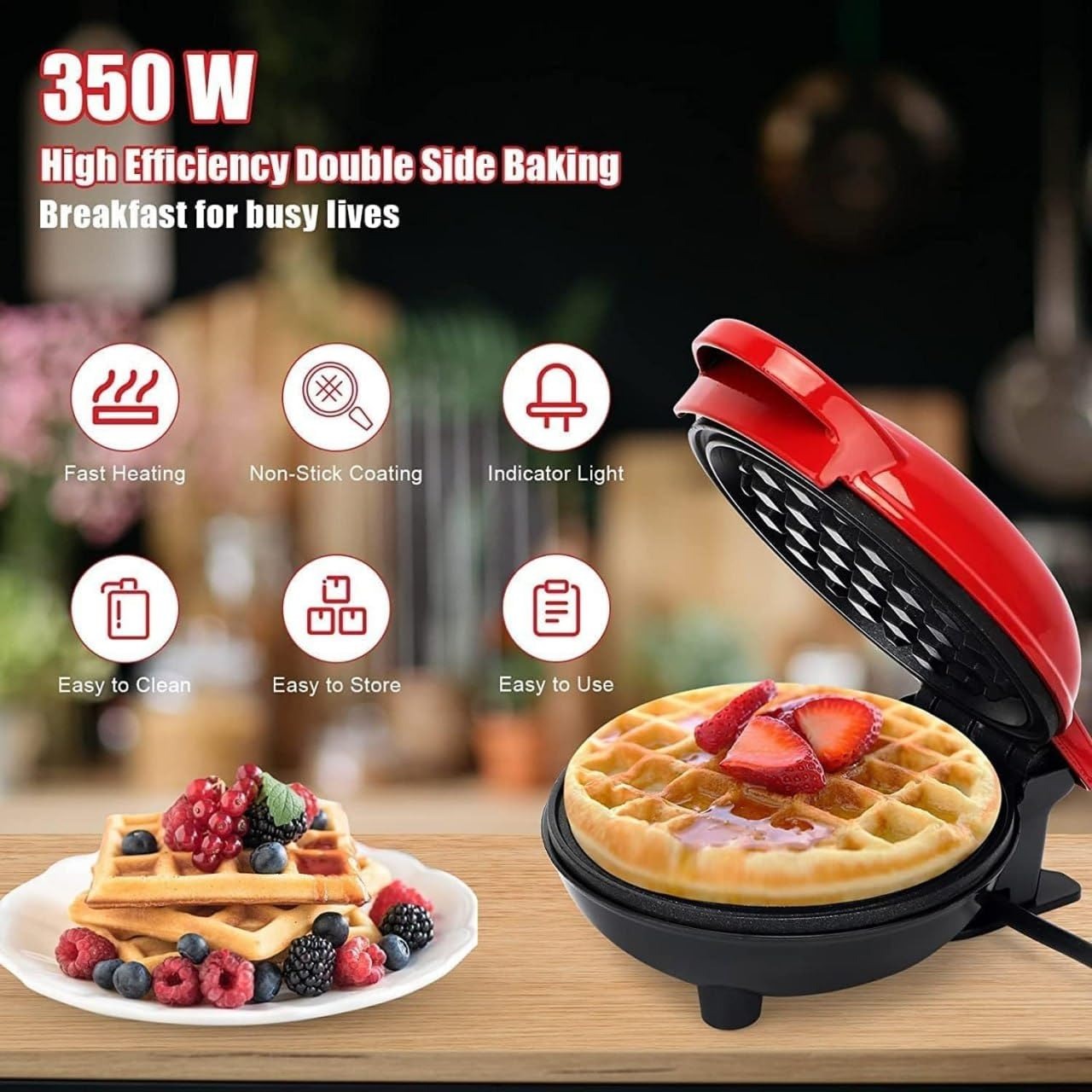 Mini Portable Waffle Maker with 350W Fast Heating, Compact & Lightweight, Easy to Use and Clean