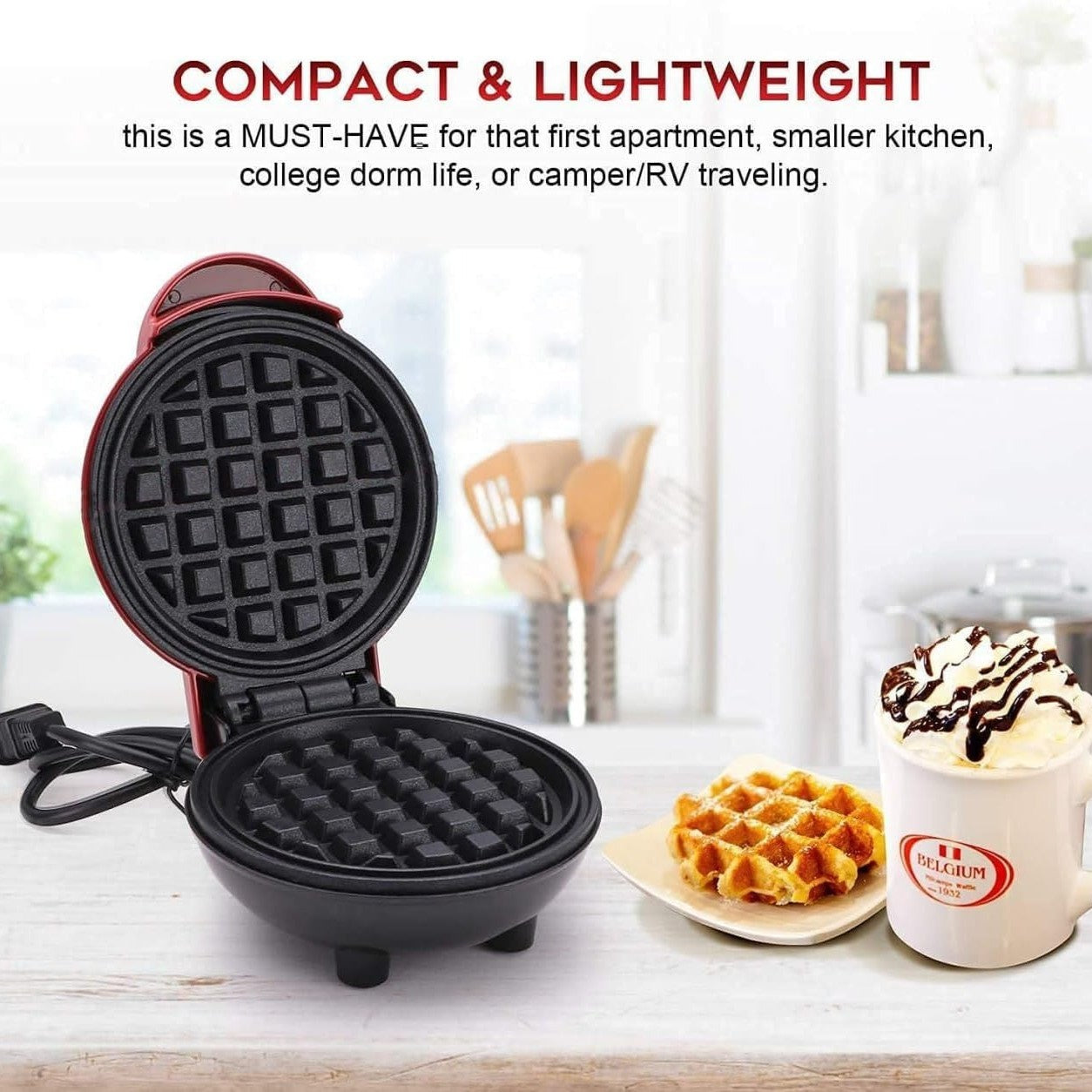 Mini Portable Waffle Maker with 350W Fast Heating, Compact & Lightweight, Easy to Use and Clean