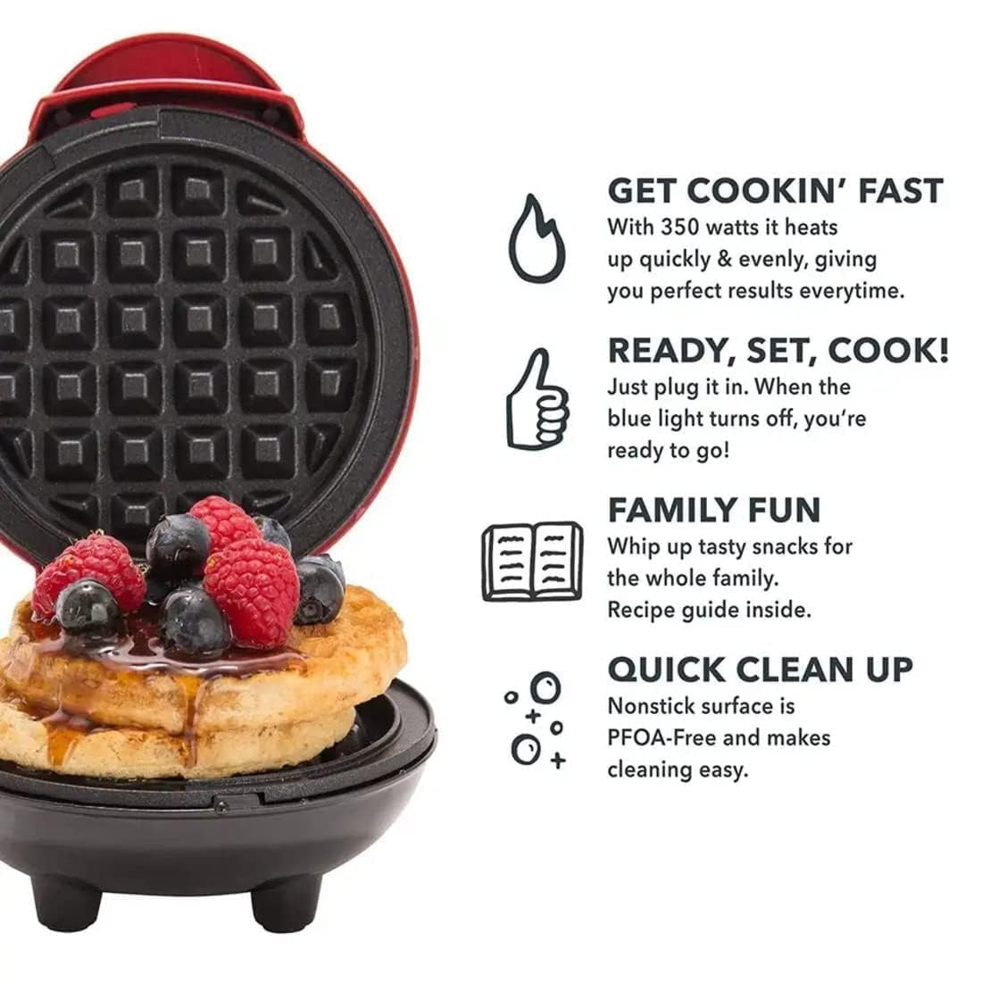 Mini Portable Waffle Maker with 350W Fast Heating, Compact & Lightweight, Easy to Use and Clean