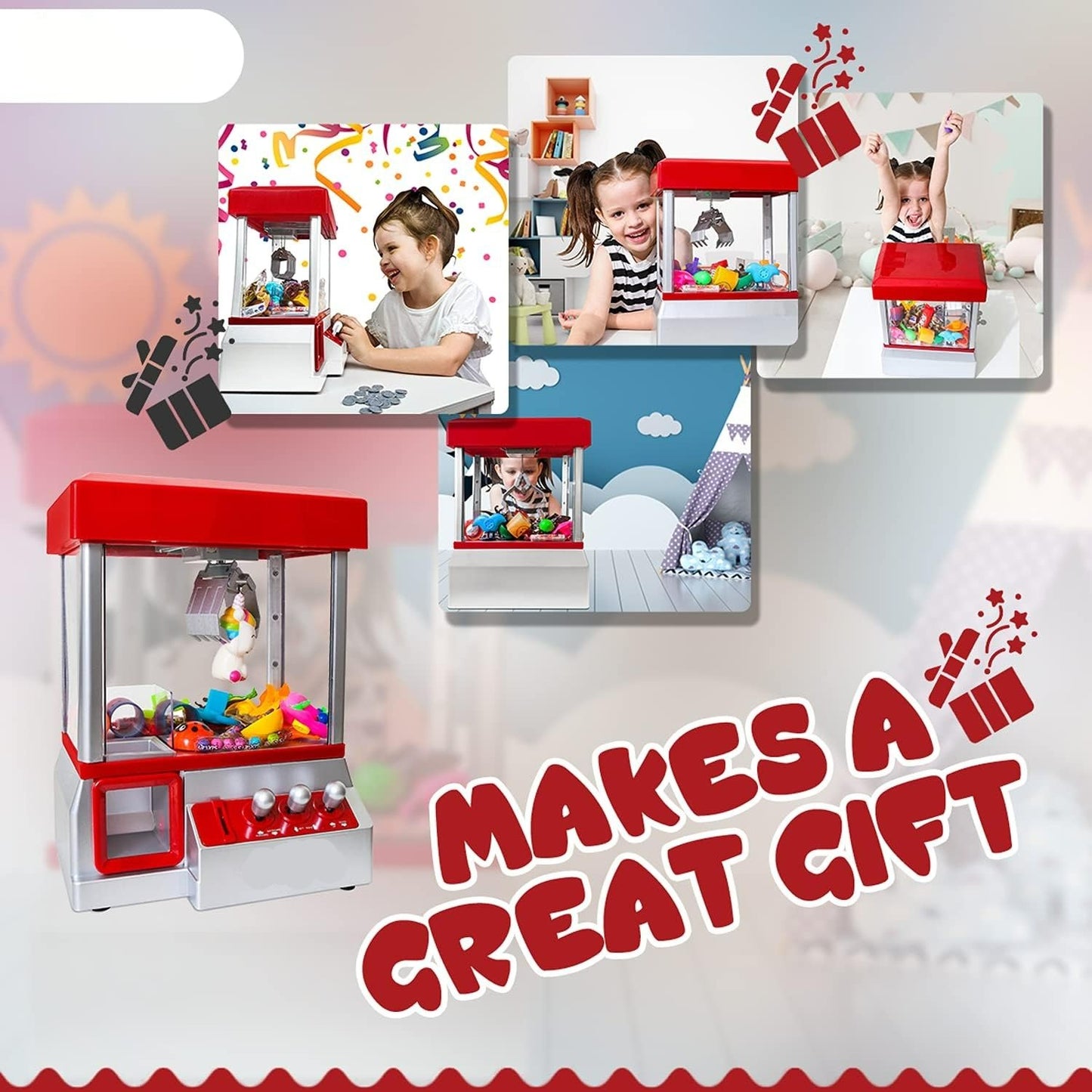 Miniature Candy Grabber with Manual Joystick Control, Retro Arcade Design, and Music & Sound Effects, Safe for Ages 3+