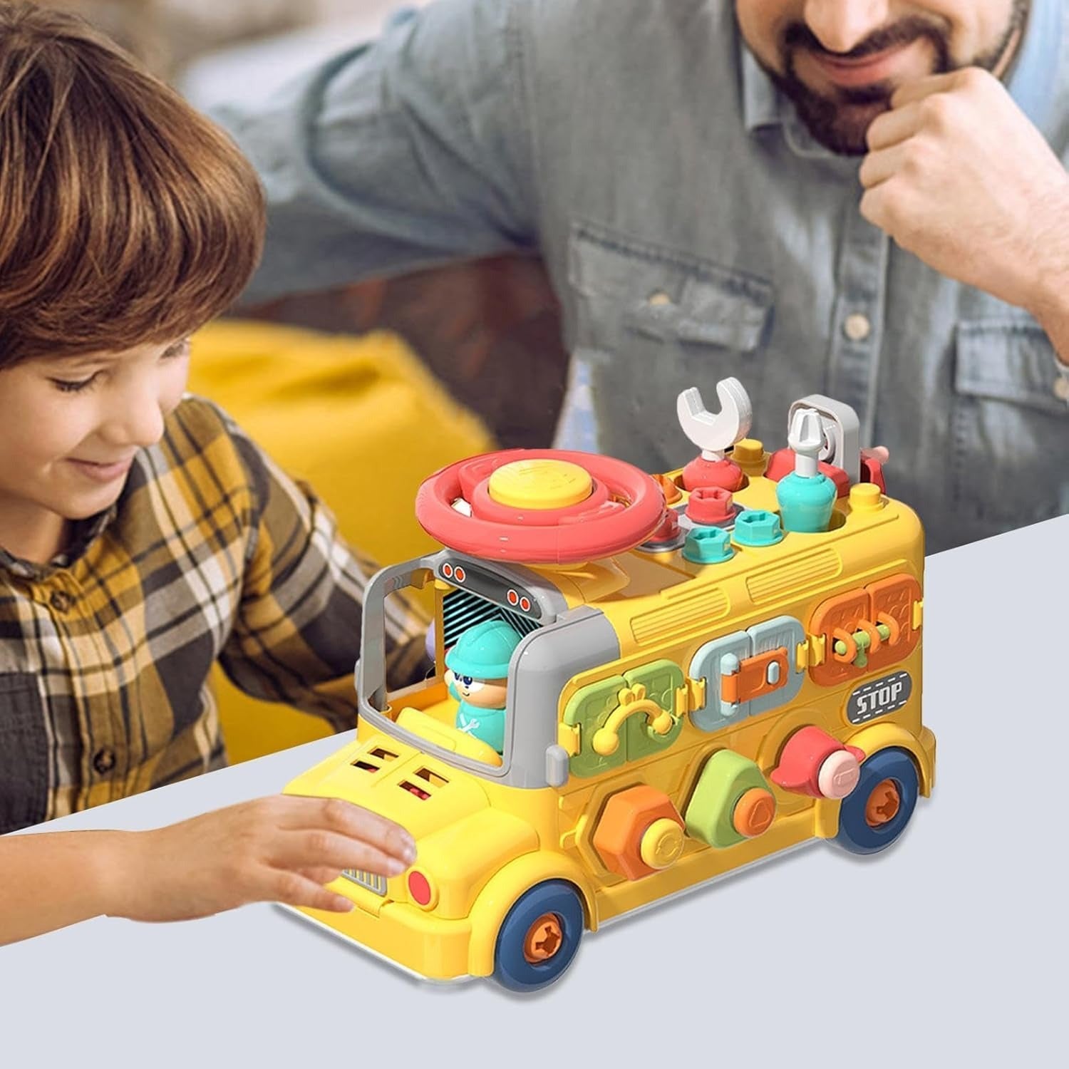 Montessori Activity Repair Bus Toy with Fine Motor Skills, Gear Matching & Creative Tool Play for Ages 1+