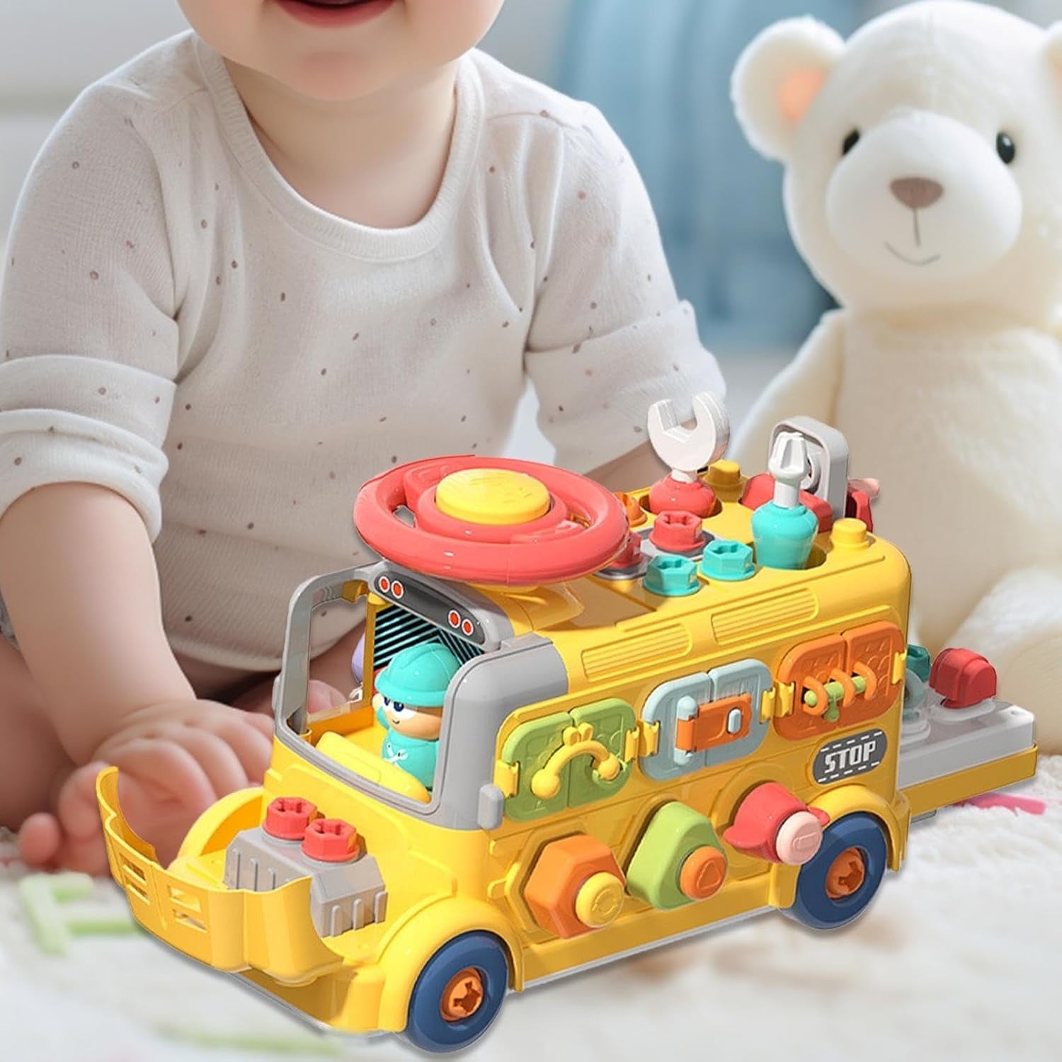 Montessori Activity Repair Bus Toy with Fine Motor Skills, Gear Matching & Creative Tool Play for Ages 1+