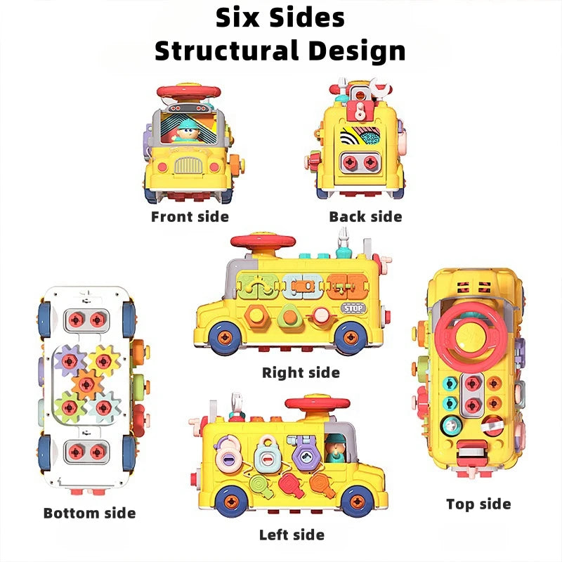 Montessori Activity Repair Bus Toy with Fine Motor Skills, Gear Matching & Creative Tool Play for Ages 1+