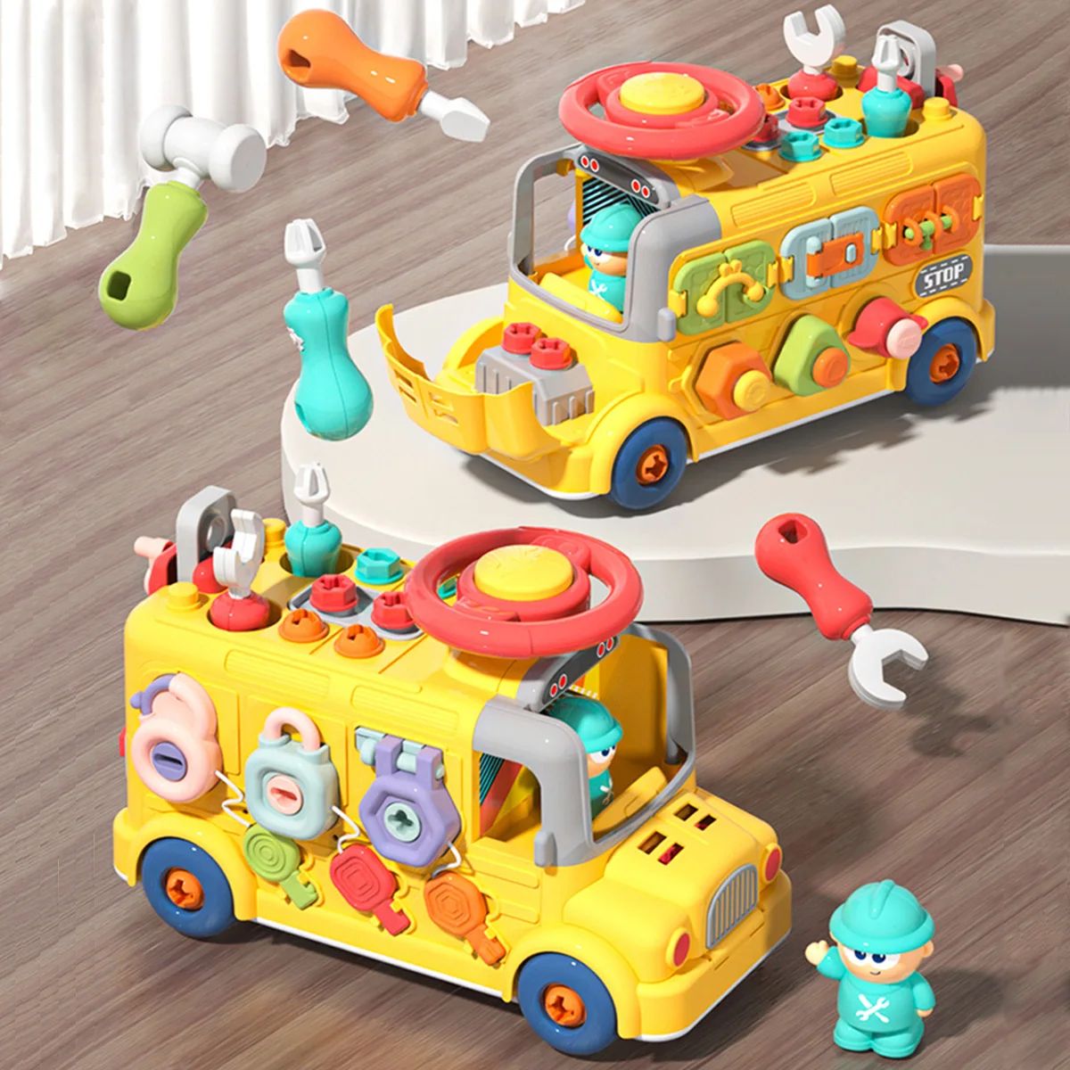 Montessori Activity Repair Bus Toy with Fine Motor Skills, Gear Matching & Creative Tool Play for Ages 1+
