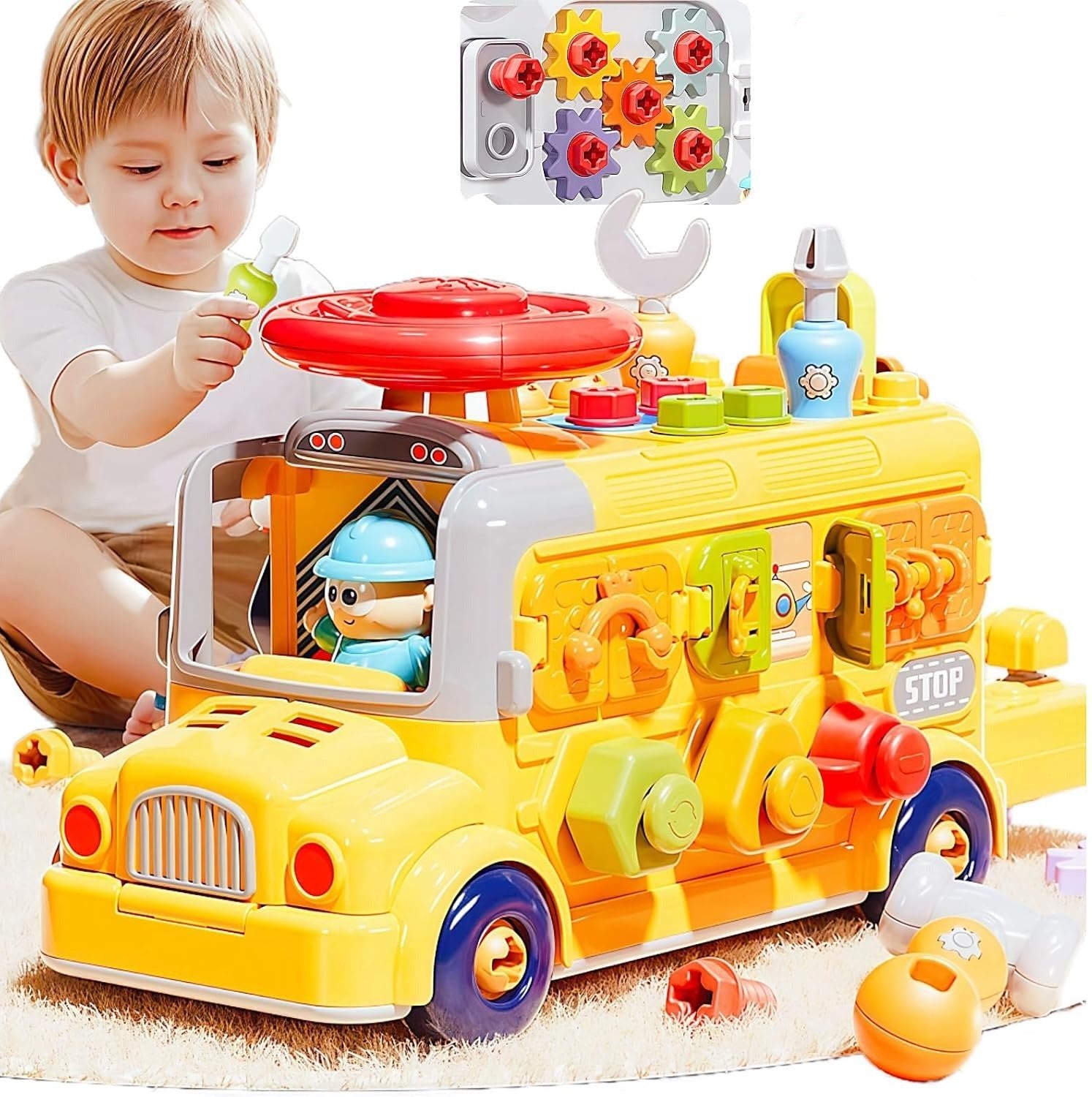 Montessori Activity Repair Bus Toy with Fine Motor Skills, Gear Matching & Creative Tool Play for Ages 1+