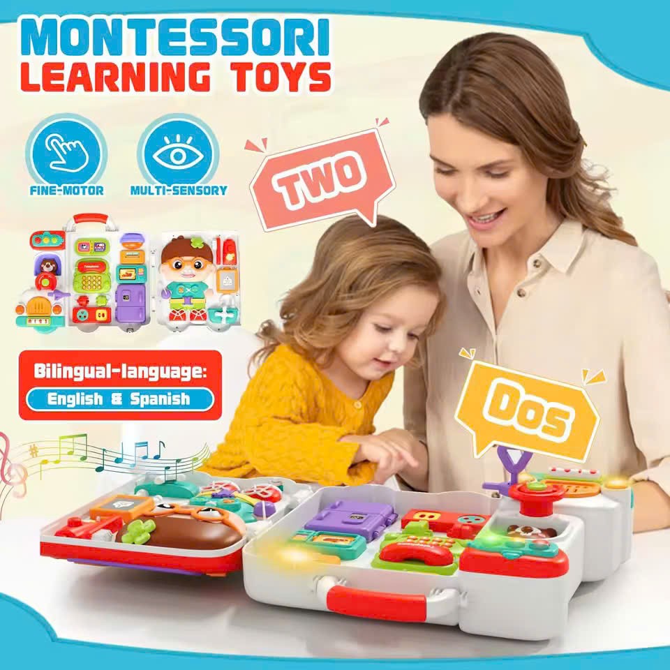 Montessori Busy Board Toy with Lights & Sounds, Foldable, Portable, Safe for Ages 1+