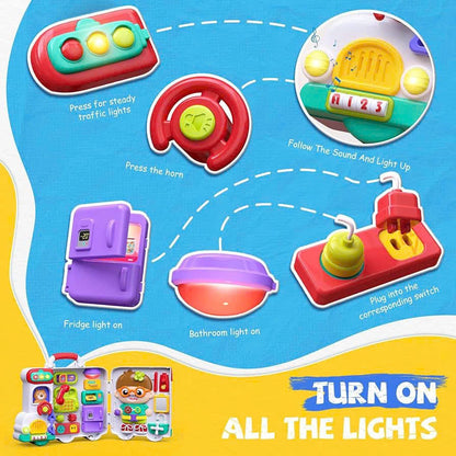Montessori Busy Board Toy with Lights & Sounds, Foldable, Portable, Safe for Ages 1+