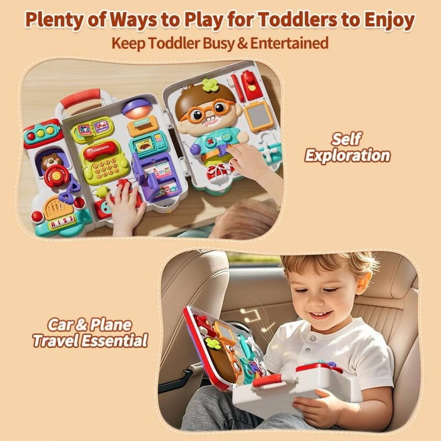Montessori Busy Board Toy with Lights & Sounds, Foldable, Portable, Safe for Ages 1+