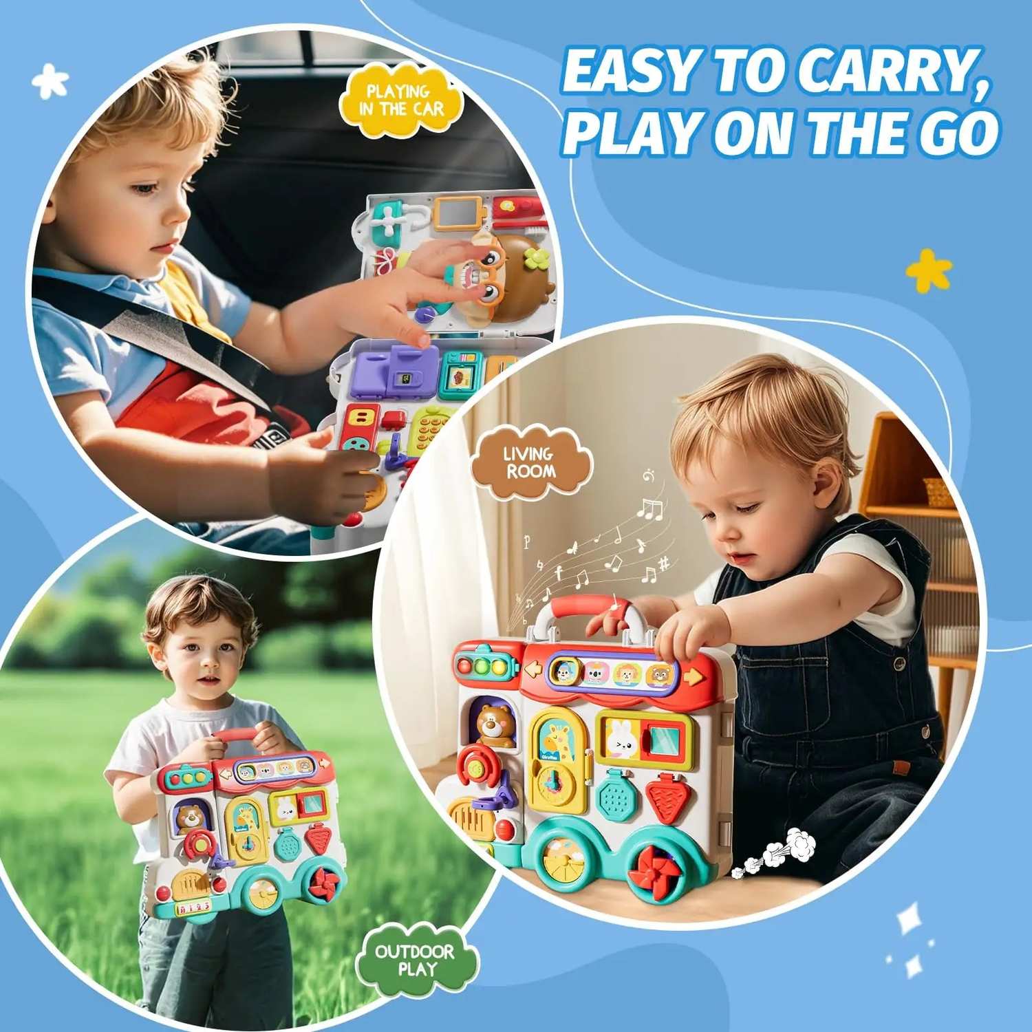 Montessori Busy Board Toy with Lights & Sounds, Foldable, Portable, Safe for Ages 1+
