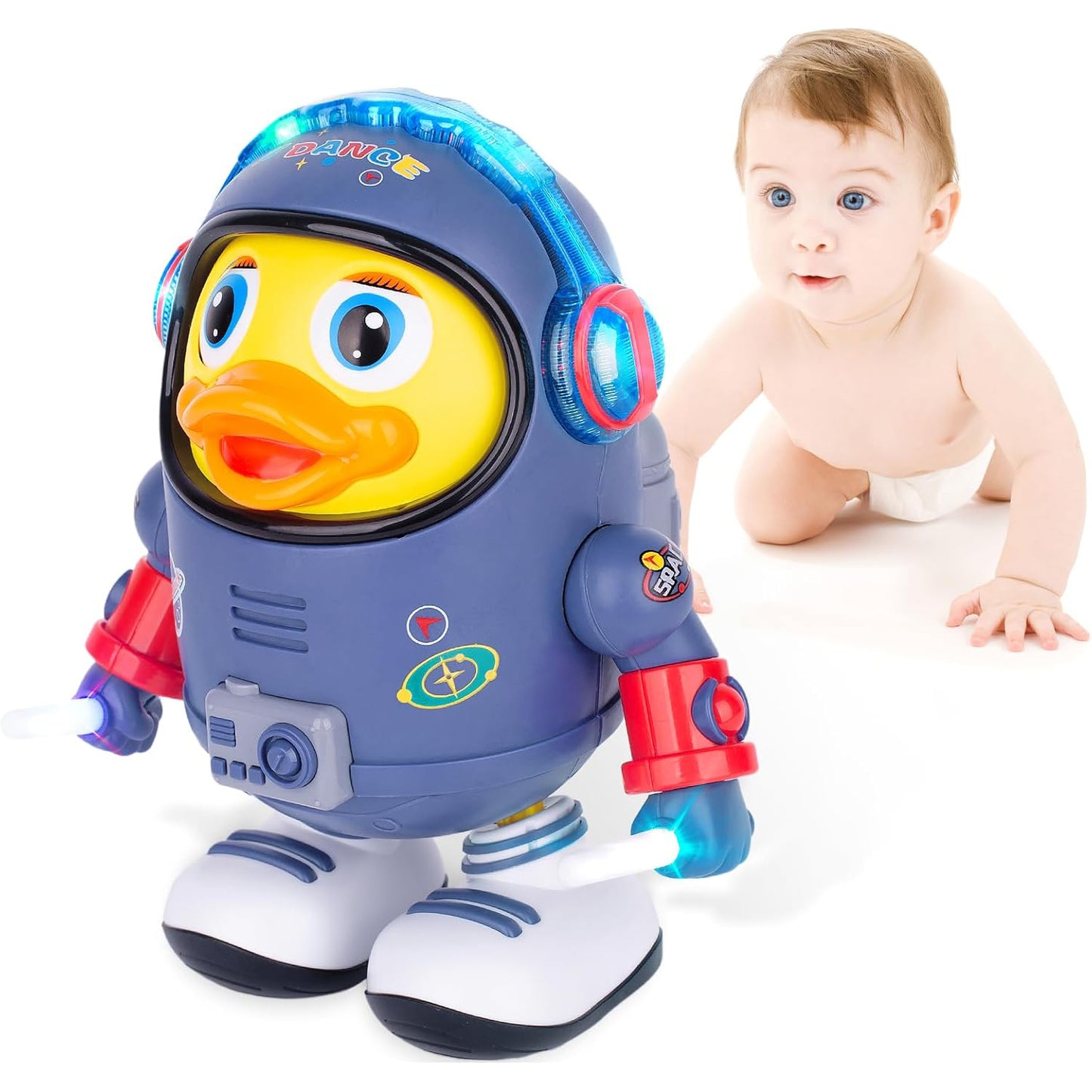 Montessori Electric Space Duck Music Toy with LED Lights, 2 Play Modes, Rotating and Dancing, Safe for Ages 6+ Months