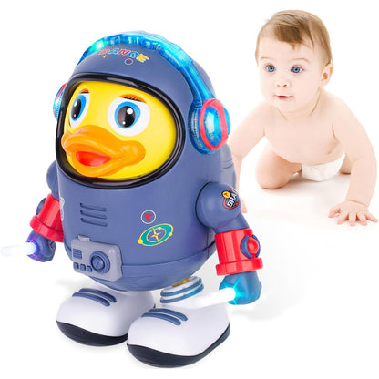 Montessori Electric Space Duck Music Toy with LED Lights, 2 Play Modes, Rotating and Dancing, Safe for Ages 6+ Months