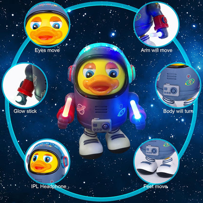 Montessori Electric Space Duck Music Toy with LED Lights, 2 Play Modes, Rotating and Dancing, Safe for Ages 6+ Months