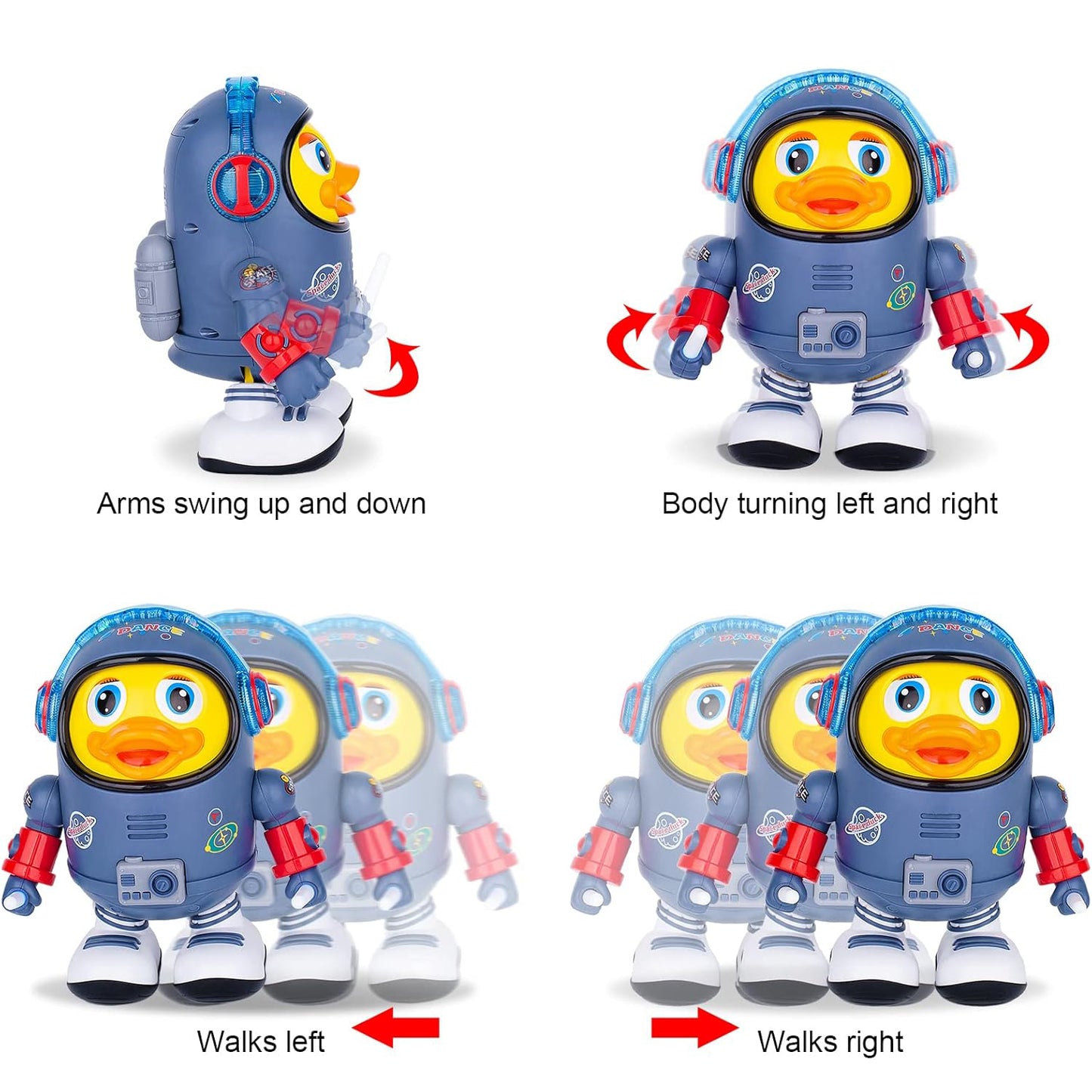 Montessori Electric Space Duck Music Toy with LED Lights, 2 Play Modes, Rotating and Dancing, Safe for Ages 6+ Months
