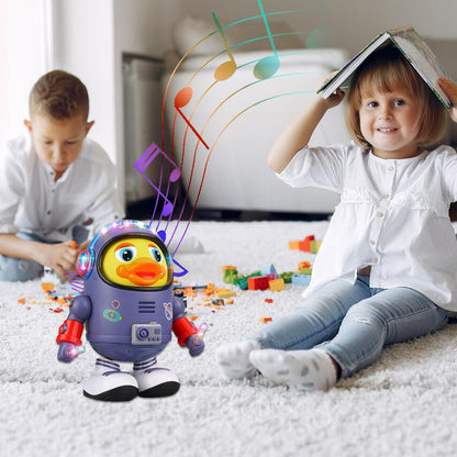 Montessori Electric Space Duck Music Toy with LED Lights, 2 Play Modes, Rotating and Dancing, Safe for Ages 6+ Months