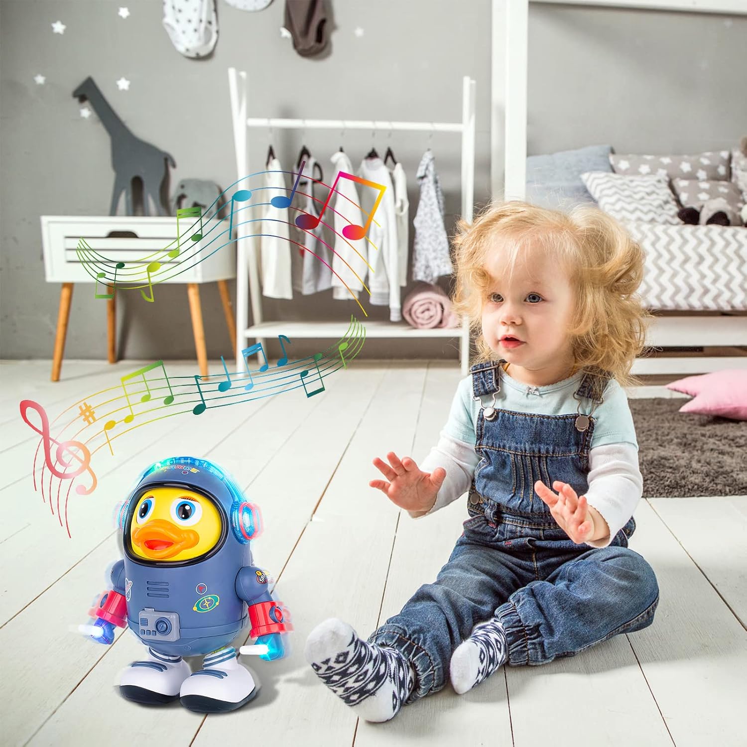 Montessori Electric Space Duck Music Toy with LED Lights, 2 Play Modes, Rotating and Dancing, Safe for Ages 6+ Months