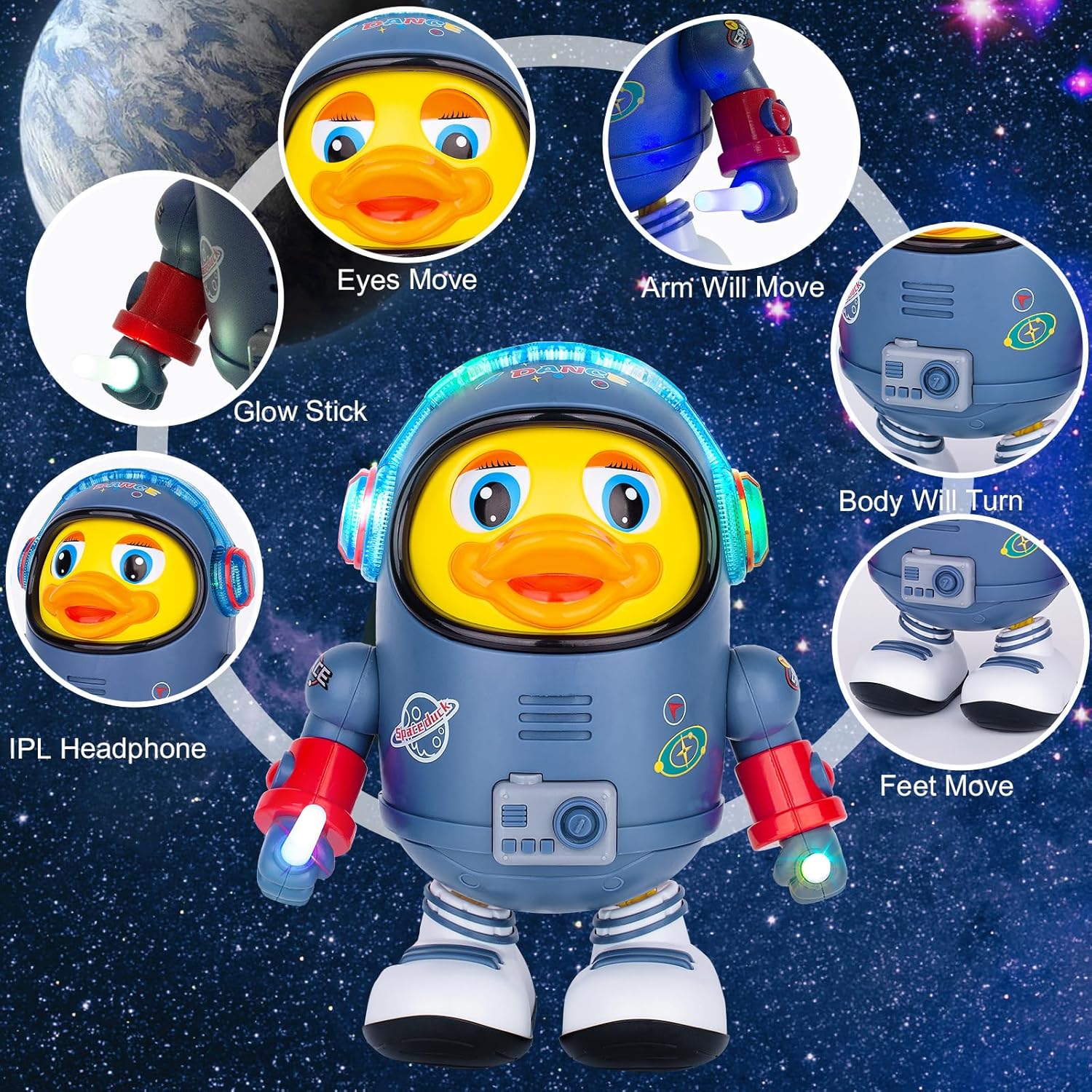 Montessori Electric Space Duck Music Toy with LED Lights, 2 Play Modes, Rotating and Dancing, Safe for Ages 6+ Months