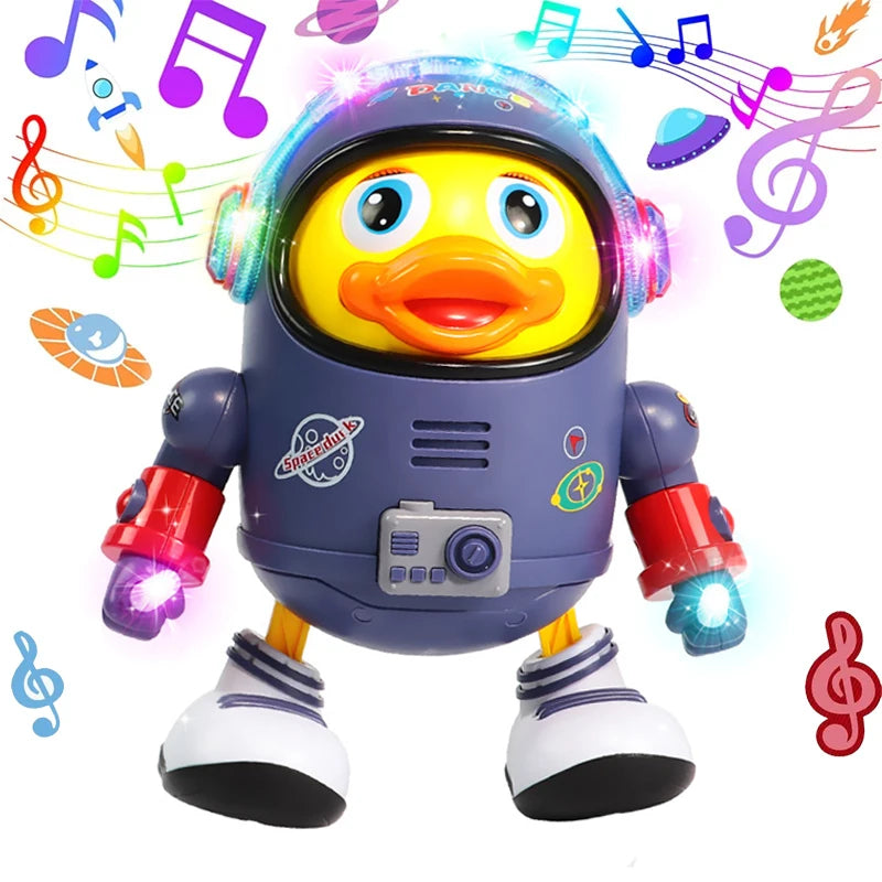 Montessori Electric Space Duck Music Toy with LED Lights, 2 Play Modes, Rotating and Dancing, Safe for Ages 6+ Months