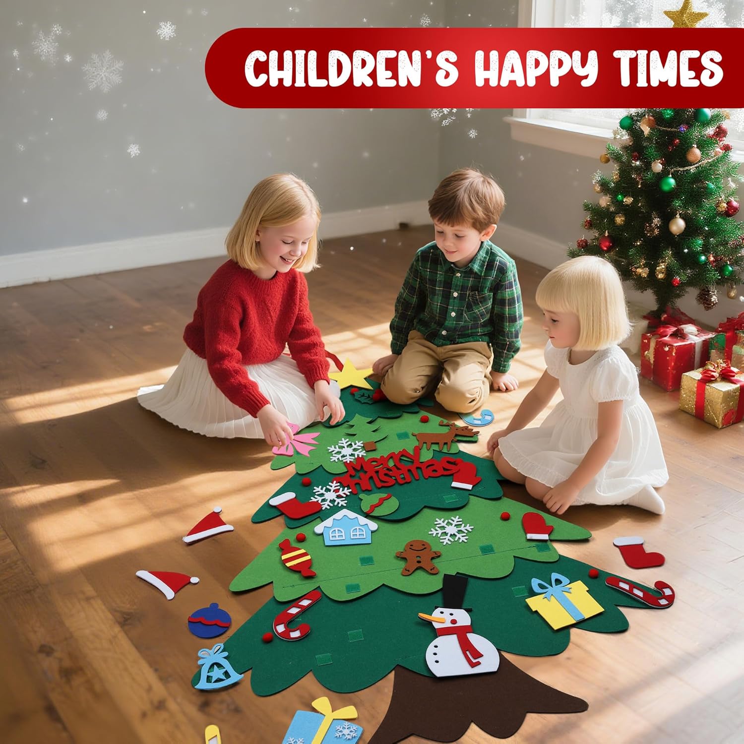 Montessori Felt Christmas Tree With String Lights, 30+ Ornaments, Wall Xmas Decor, Safe for 1+