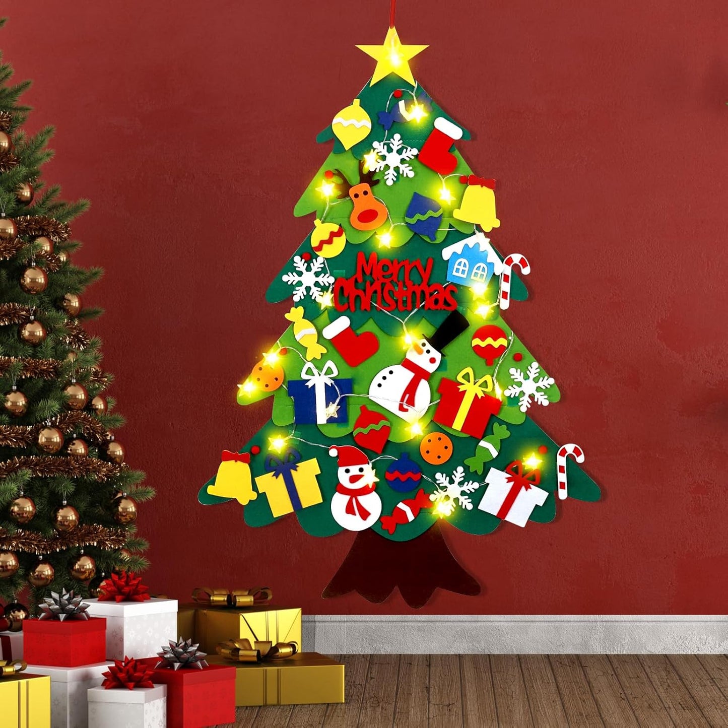 Montessori Felt Christmas Tree With String Lights, 30+ Ornaments, Wall Xmas Decor, Safe for 1+