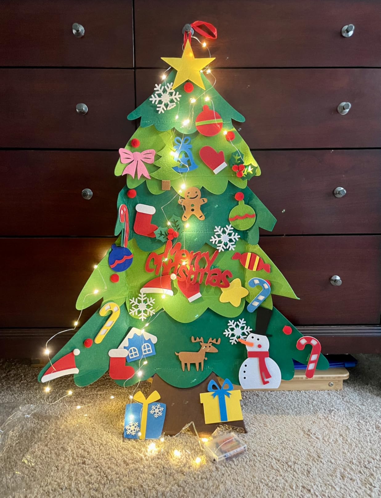 Montessori Felt Christmas Tree With String Lights, 30+ Ornaments, Wall Xmas Decor, Safe for 1+