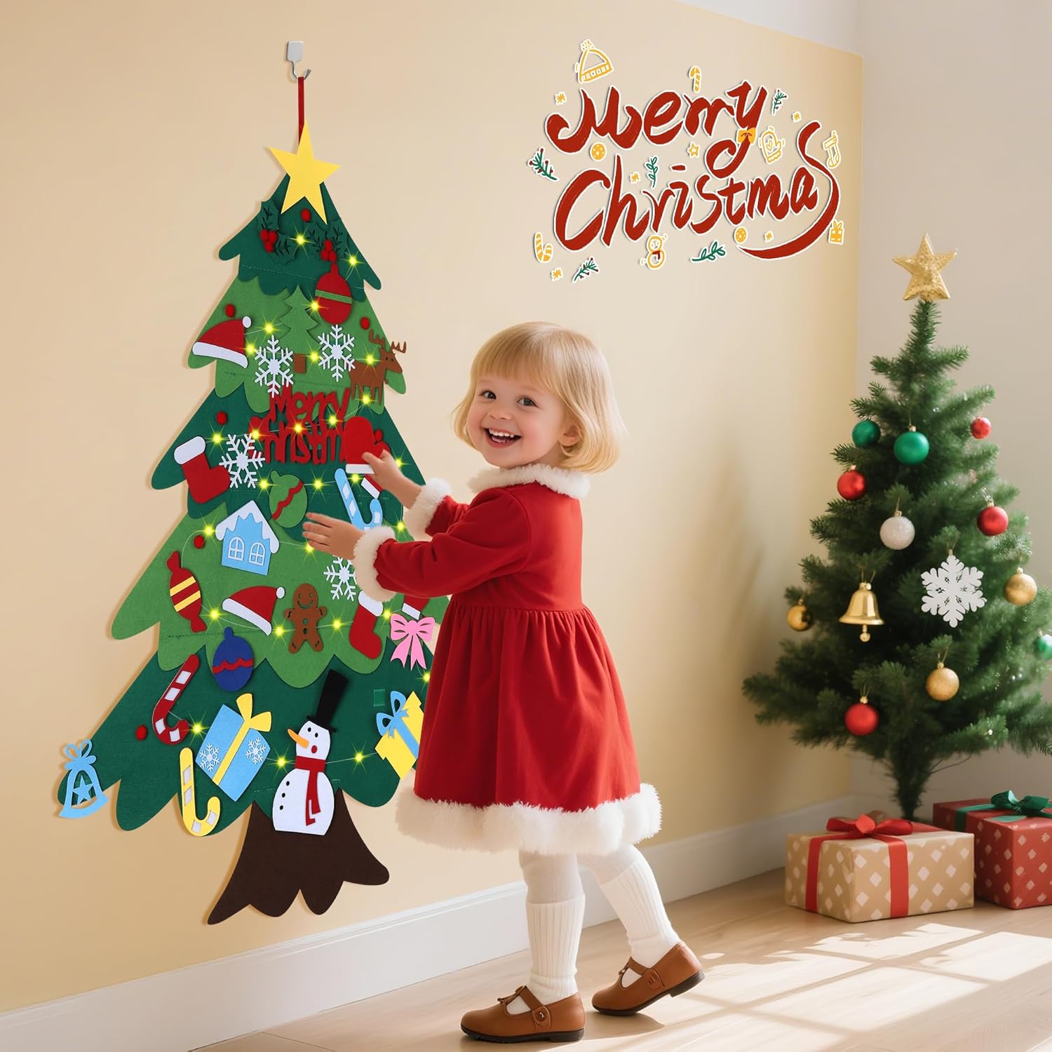Montessori Felt Christmas Tree With String Lights, 30+ Ornaments, Wall Xmas Decor, Safe for 1+