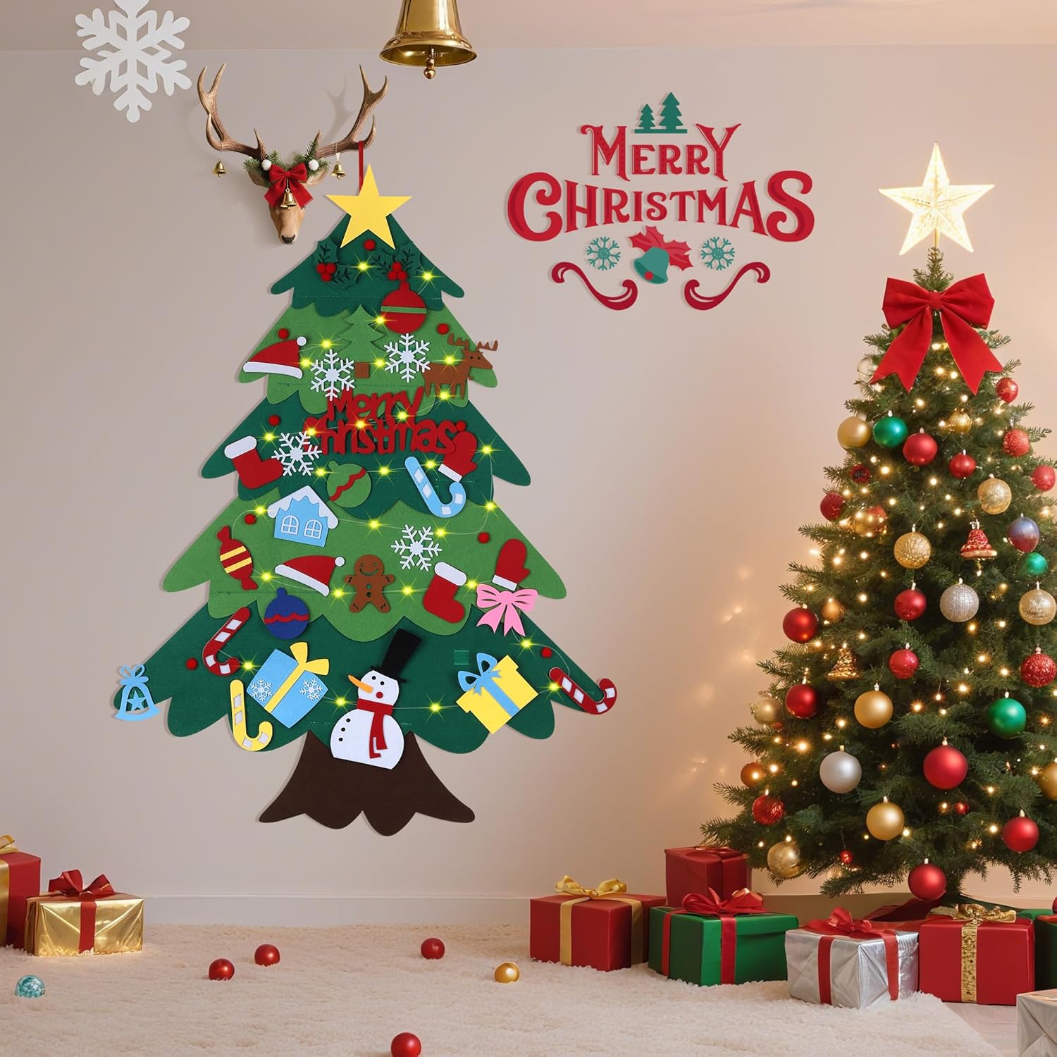 Montessori Felt Christmas Tree With String Lights, 30+ Ornaments, Wall Xmas Decor, Safe for 1+