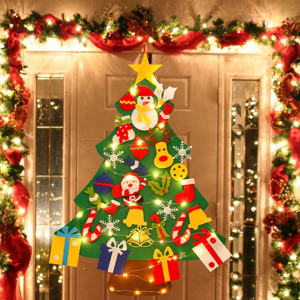 Montessori Felt Christmas Tree With String Lights, 30+ Ornaments, Wall Xmas Decor, Safe for 1+
