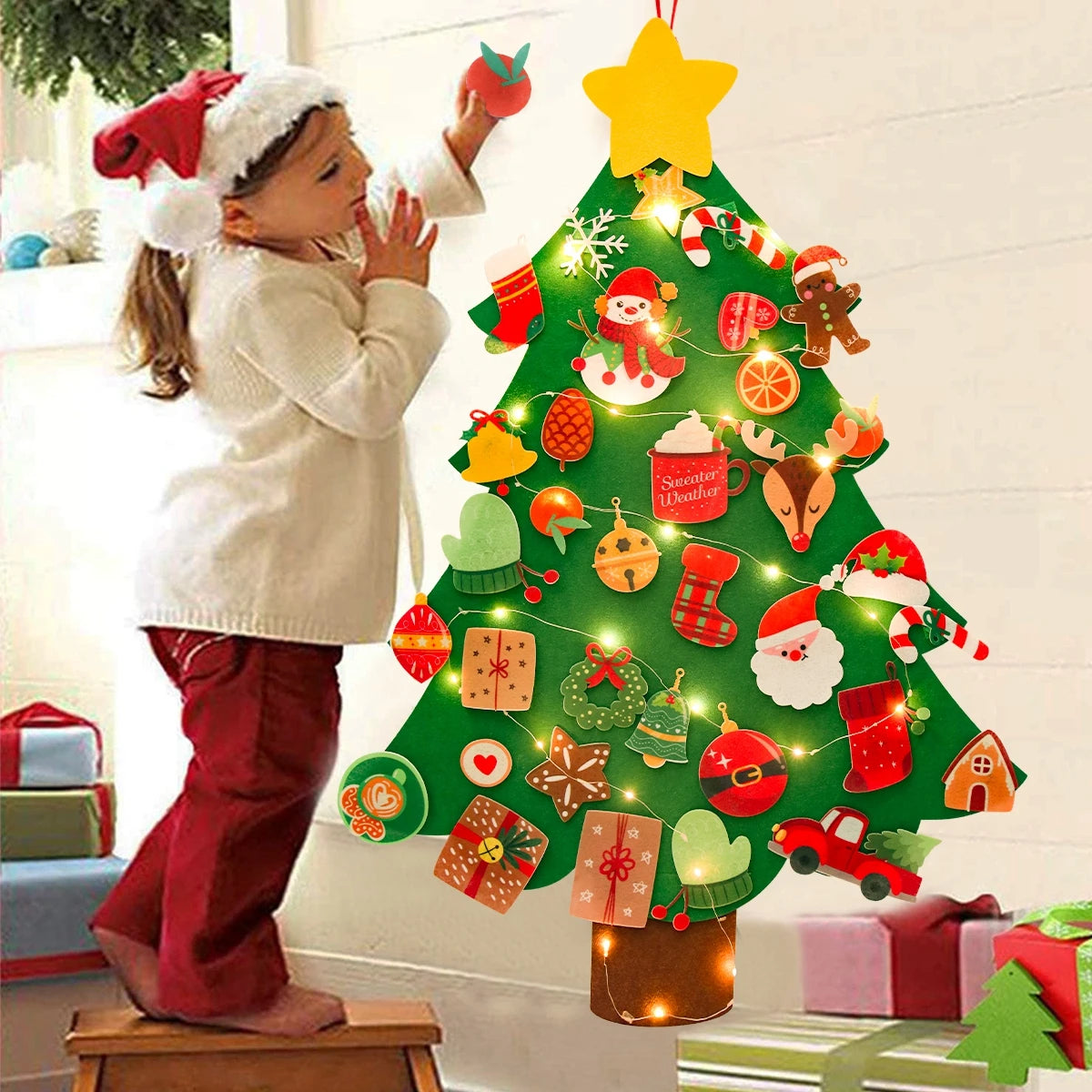 Montessori Felt Christmas Tree With String Lights, 30+ Ornaments, Wall Xmas Decor, Safe for 1+