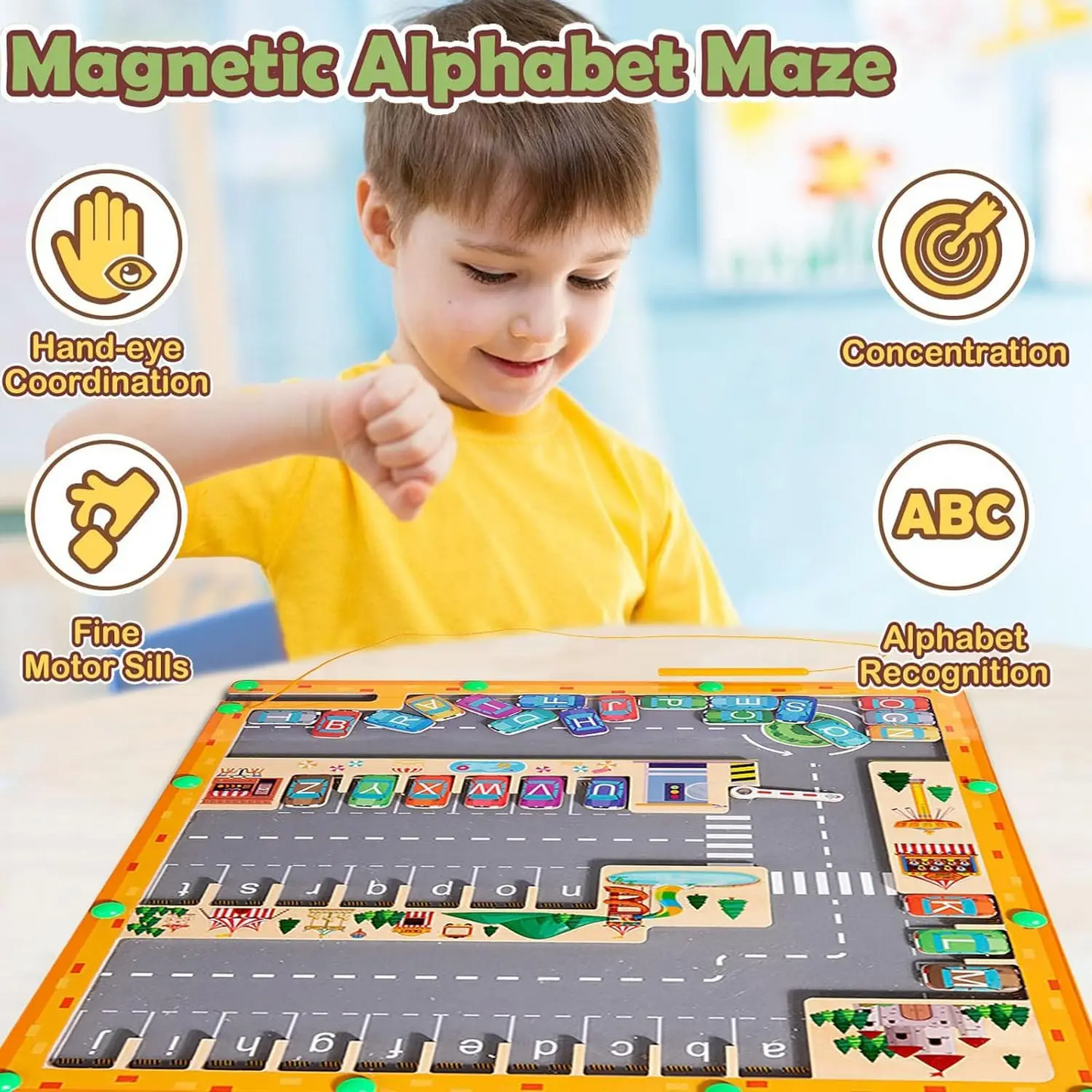 Montessori Magnetic Alphabet Maze Letter, Parking Lot Puzzles Game, Education Toy, Safe for Ages 2+