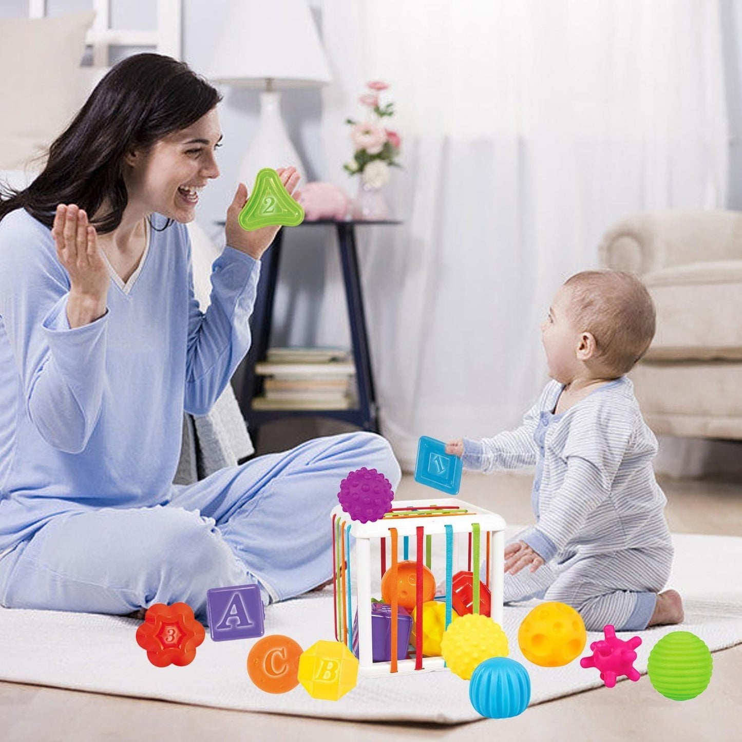 Montessori Sensory Toy with Soft Rubber Blocks, Shape & Letter Recognition, Safe for Babies 1 Month+