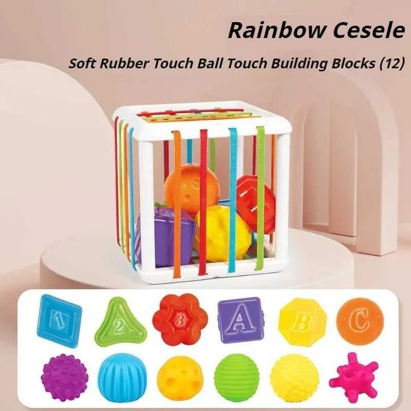 Montessori Sensory Toy with Soft Rubber Blocks, Shape & Letter Recognition, Safe for Babies 1 Month+