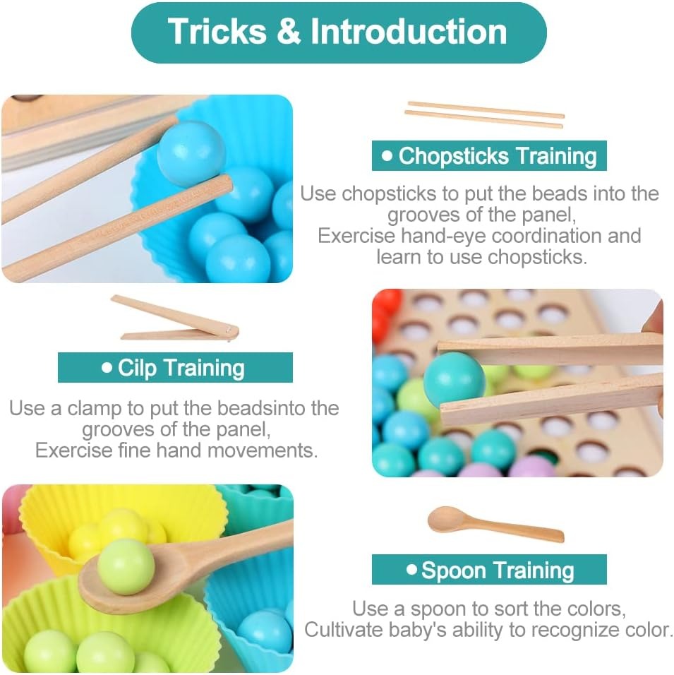 Montessori Wooden Bead Game with Color Recognition and Fine Motor Skills Training, Safe for Ages 3+
