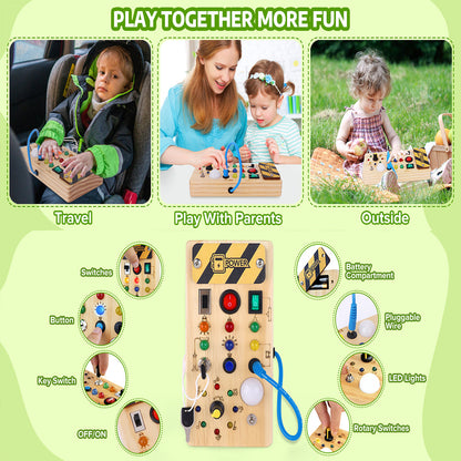 Montessori Wooden Busy Board with Multi Switch Activities and LED Lights Safe for Ages 1+