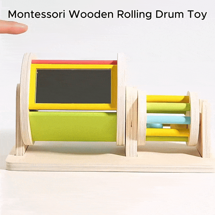 Montessori Wooden Rolling Drum Toy with Acrylic Mirror, Calming Sound, Safe for Ages 3+
