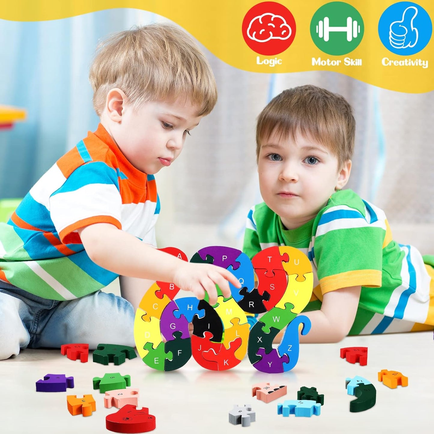Montessori Wooden Snake Puzzle, Alphabet A–Z and Numbers 1–26 Learning Toy, Safe for Kids Ages 3+