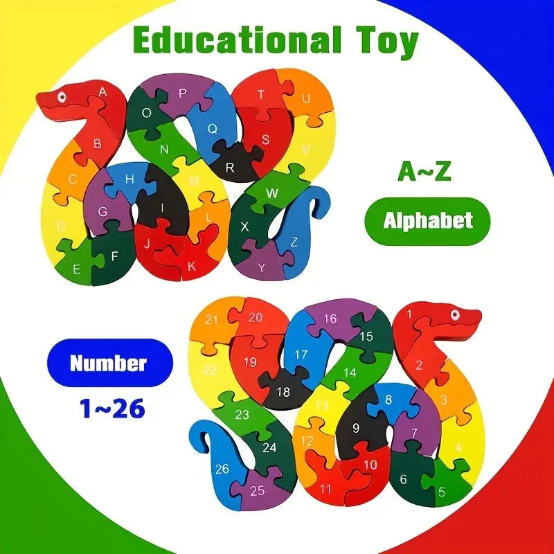 Montessori Wooden Snake Puzzle, Alphabet A–Z and Numbers 1–26 Learning Toy, Safe for Kids Ages 3+