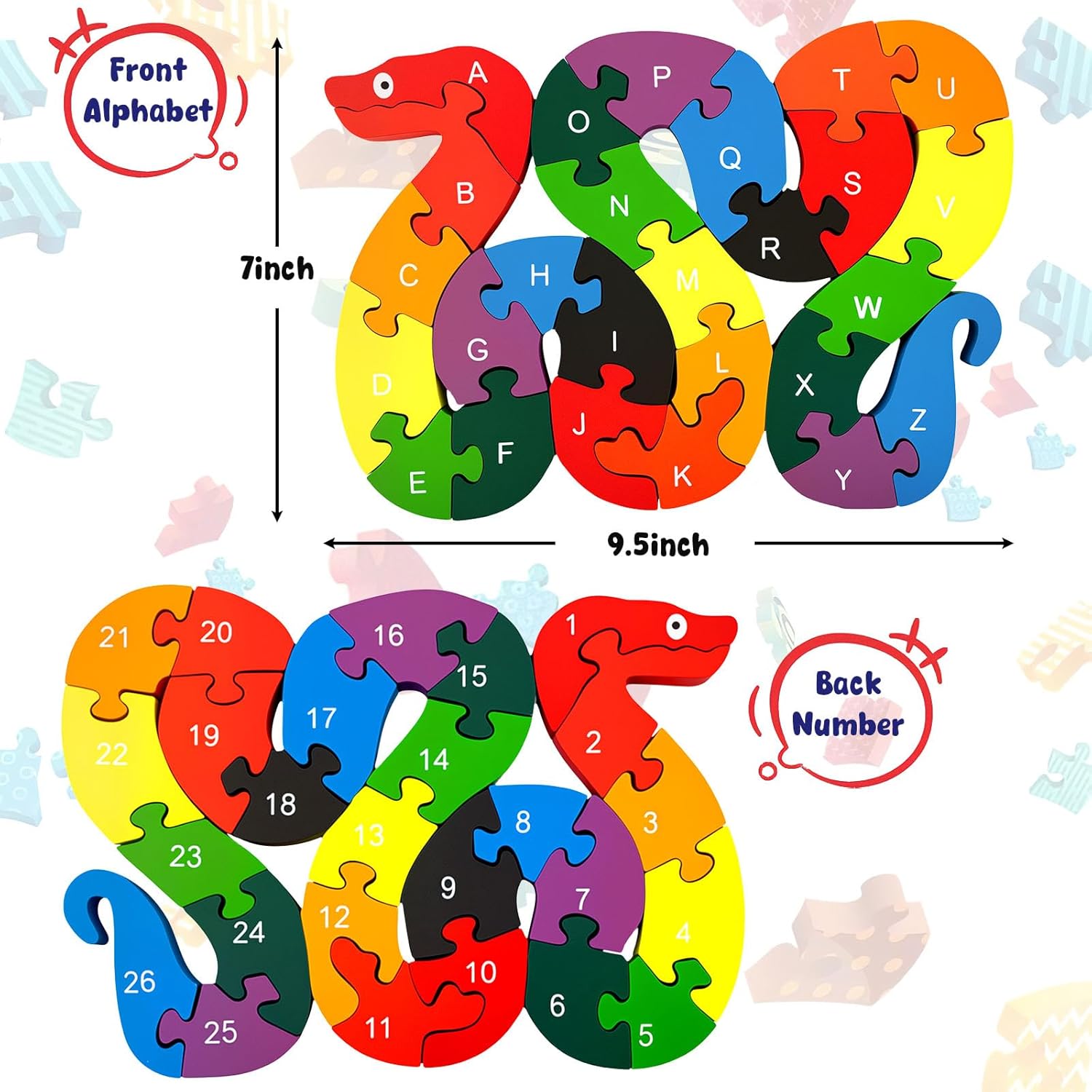 Montessori Wooden Snake Puzzle, Alphabet A–Z and Numbers 1–26 Learning Toy, Safe for Kids Ages 3+