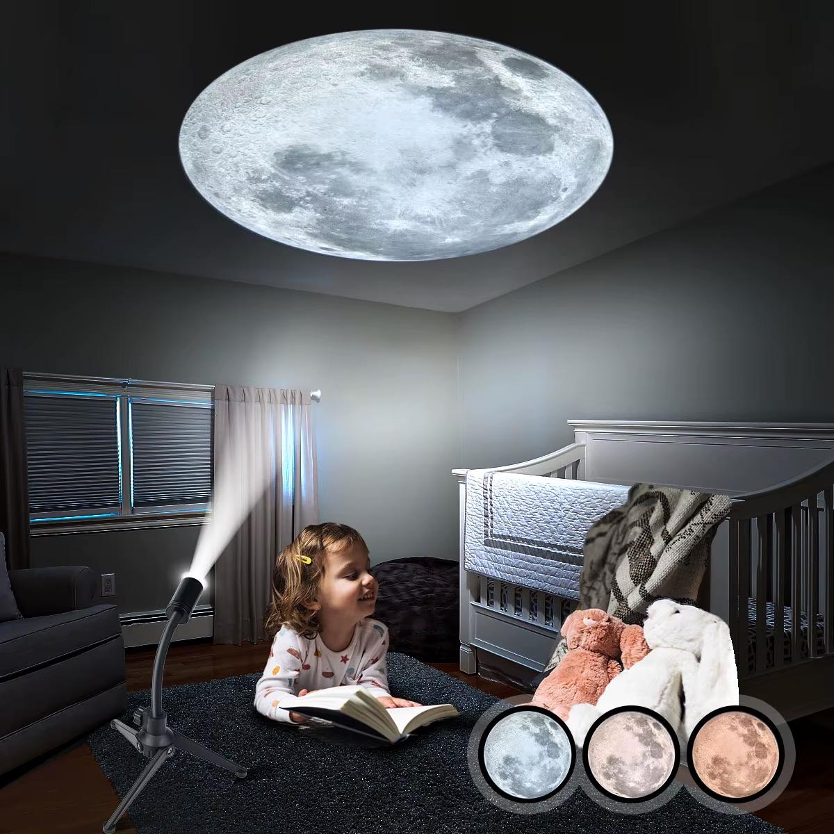Moon Projection Lamp USB, 3 Colors, Non-Fade, Adjustable Brightness, Creates Ambient Decor.