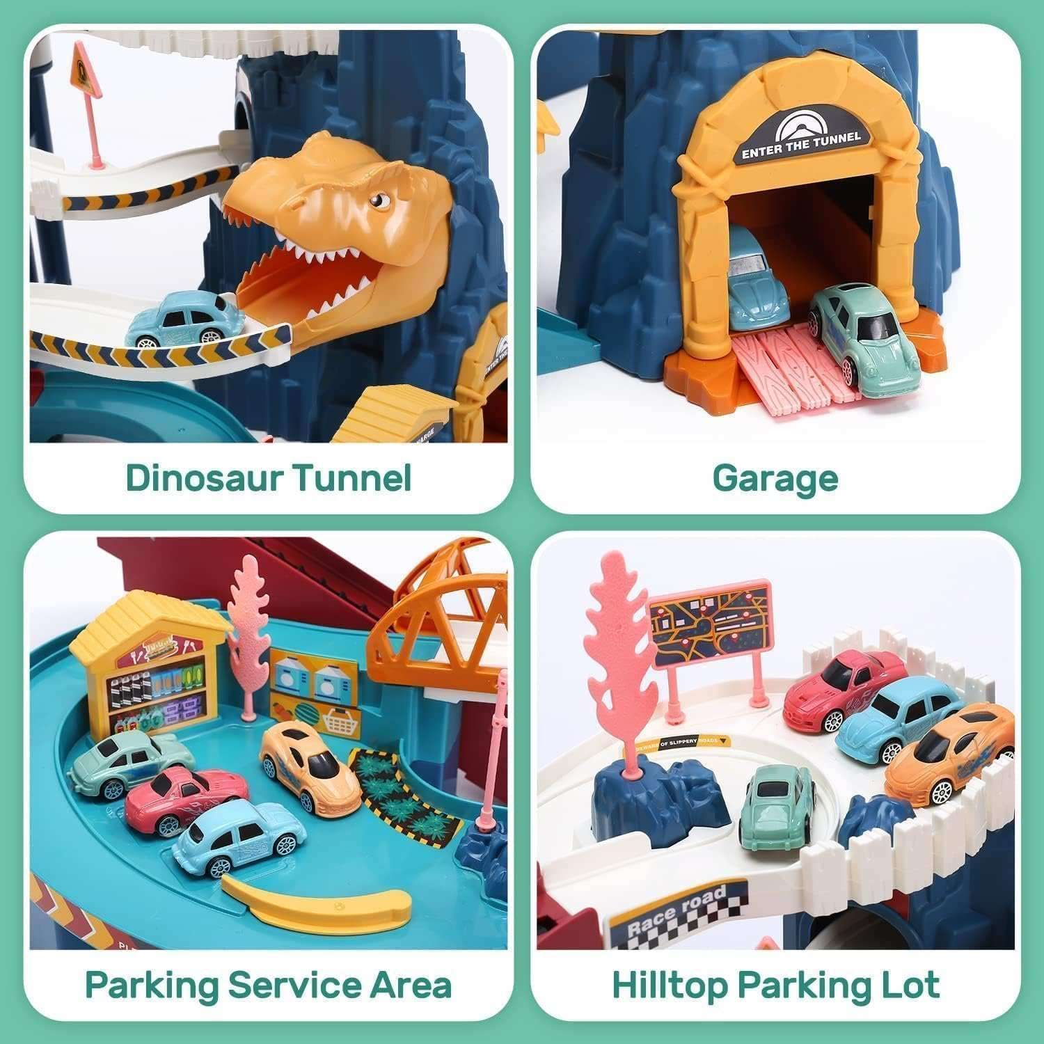 Multi-Level Dinosaur Race Track Adventure, Toy Car Ramp Track Set, Safe for Ages 3+