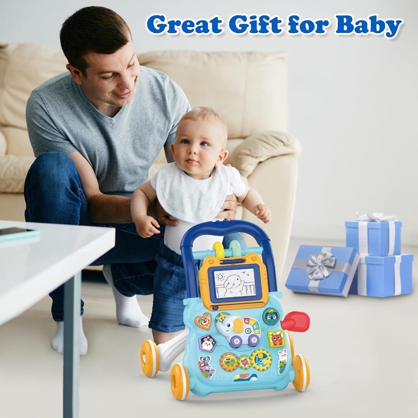 Multifunctional Push Walker Toy with Sound, Lights, Drawing Board, and Activity Panel, Safe for Ages 1+