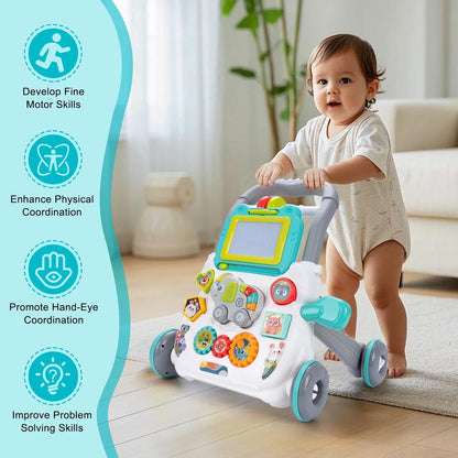 Multifunctional Push Walker Toy with Sound, Lights, Drawing Board, and Activity Panel, Safe for Ages 1+