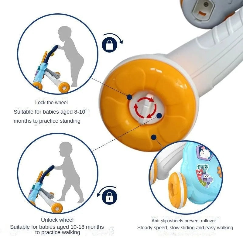 Multifunctional Push Walker Toy with Sound, Lights, Drawing Board, and Activity Panel, Safe for Ages 1+