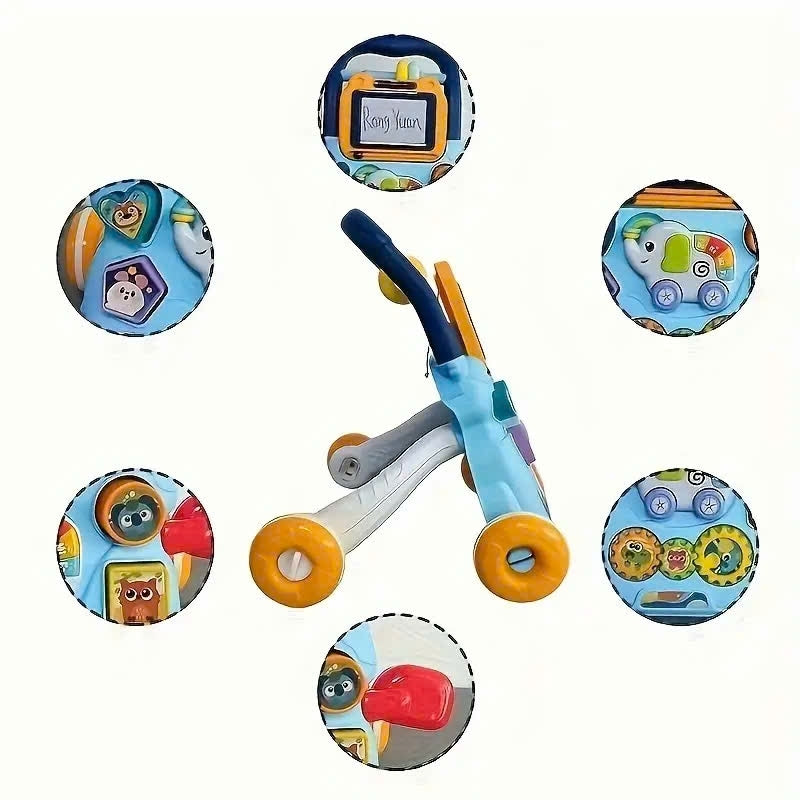 Multifunctional Push Walker Toy with Sound, Lights, Drawing Board, and Activity Panel, Safe for Ages 1+