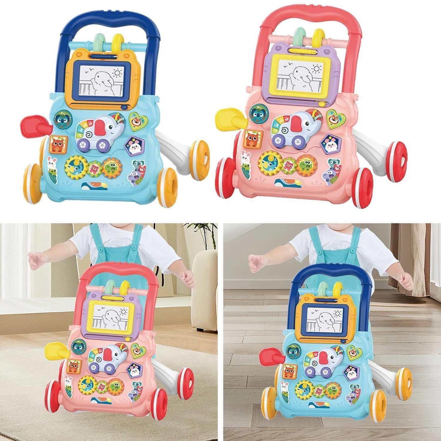 Multifunctional Push Walker Toy with Sound, Lights, Drawing Board, and Activity Panel, Safe for Ages 1+