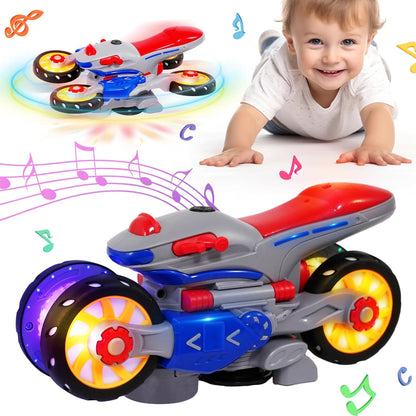 Music Distortion Motorcycle with 4-wheel spinning mode, 360° rotation, and safe for kids ages 3+